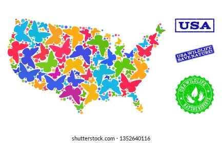 Ecological collage of bright mosaic map of USA and scratched seals with Save Nature caption. Mosaic map of USA constructed with bright colored butterflies. Vector seals with scratched rubber texture.
