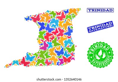 Ecological collage of bright mosaic map of Trinidad Island and rubber seals with Save Nature text. Mosaic map of Trinidad Island designed with bright colored butterflies.