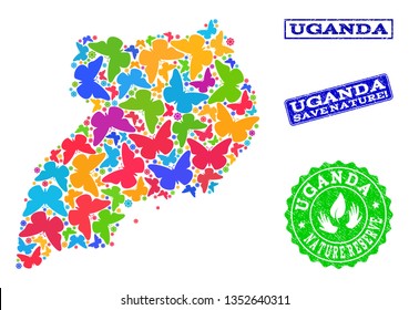 Ecological collage of bright mosaic map of Uganda and textured seal stamps with Nature Reserve caption. Mosaic map of Uganda constructed with bright colored butterflies.