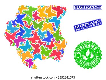 Ecological collage of bright mosaic map of Suriname and textured stamps with Save Nature caption. Mosaic map of Suriname constructed with bright colored butterflies.