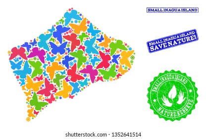 Ecological collage of bright mosaic map of Small Inagua Island and scratched stamps with Nature Reserve caption. Mosaic map of Small Inagua Island designed with multi-colored butterflies.