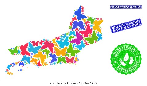 Ecological collage of bright mosaic map of Rio de Janeiro State and rubber seal stamps with Save Nature text. Mosaic map of Rio de Janeiro State constructed with bright colored butterflies.