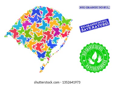 Ecological collage of bright mosaic map of Rio Grande do Sul State and rubber seals with Save Nature caption. Mosaic map of Rio Grande do Sul State constructed with colorful butterflies.