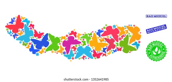 Ecological collage of bright mosaic map of Sao Miguel Island and unclean seals with Save Nature text. Mosaic map of Sao Miguel Island designed with bright colored butterflies.
