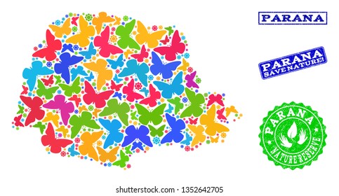 Ecological collage of bright mosaic map of Parana State and rubber seals with Save Nature caption. Mosaic map of Parana State designed with colorful butterflies.