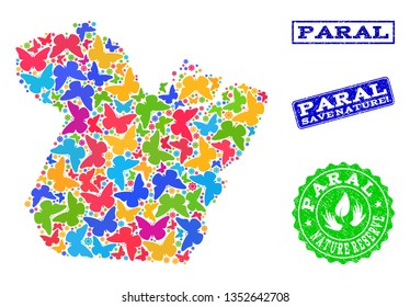 Ecological collage of bright mosaic map of Paral State and dirty stamps with Nature Reserve caption. Mosaic map of Paral State constructed with bright colored butterflies.