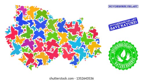 Ecological collage of bright mosaic map of Novosibirsk Region and grunge seals with Save Nature text. Mosaic map of Novosibirsk Region designed with bright colored butterflies.
