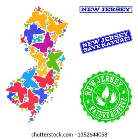 Ecological collage of bright mosaic map of New Jersey State and rubber stamps with Save Nature text. Mosaic map of New Jersey State designed with bright colored butterflies.