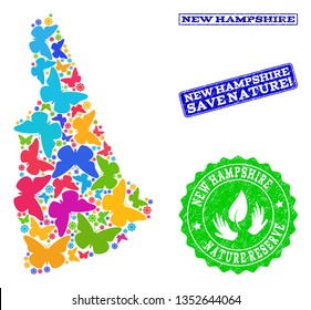 Ecological collage of bright mosaic map of New Hampshire State and scratched stamps with Nature Reserve text. Mosaic map of New Hampshire State constructed with bright colored butterflies.