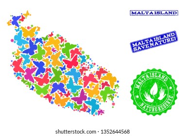 Ecological collage of bright mosaic map of Malta Island and textured seals with Nature Reserve caption. Mosaic map of Malta Island constructed with bright colored butterflies.