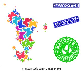Ecological collage of bright mosaic map of Mayotte Islands and textured stamps with Save Nature caption. Mosaic map of Mayotte Islands constructed with bright colored butterflies.