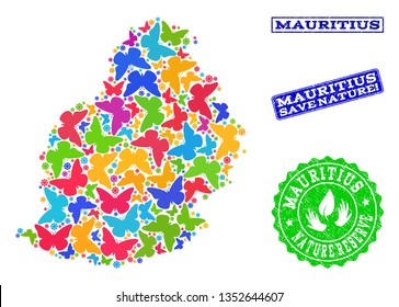 Ecological collage of bright mosaic map of Mauritius Island and textured seals with Save Nature text. Mosaic map of Mauritius Island constructed with bright colored butterflies.