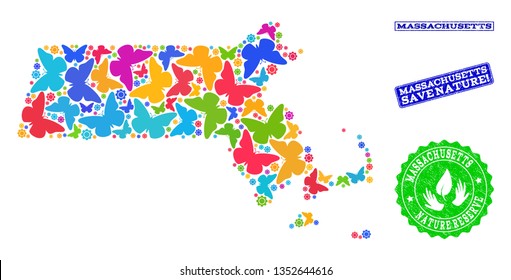 Ecological collage of bright mosaic map of Massachusetts State and rubber stamps with Save Nature text. Mosaic map of Massachusetts State designed with bright colored butterflies.