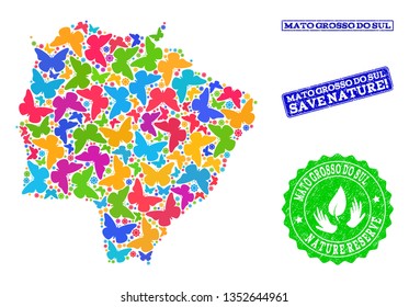 Ecological collage of bright mosaic map of Mato Grosso do Sul State and grunge stamps with Save Nature caption. Mosaic map of Mato Grosso do Sul State designed with bright colored butterflies.