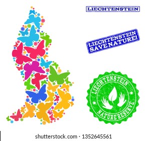 Ecological collage of bright mosaic map of Liechtenstein and unclean seal stamps with Nature Reserve text. Mosaic map of Liechtenstein constructed with bright colored butterflies.