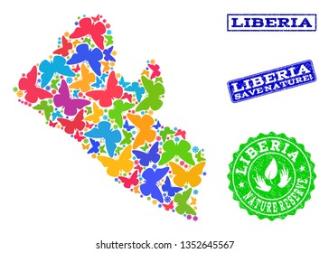 Ecological collage of bright mosaic map of Liberia and rubber seal stamps with Save Nature caption. Mosaic map of Liberia designed with bright colored butterflies.