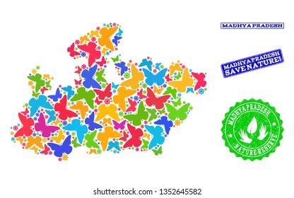 Ecological collage of bright mosaic map of Madhya Pradesh State and rubber seals with Save Nature caption. Mosaic map of Madhya Pradesh State designed with bright colored butterflies.