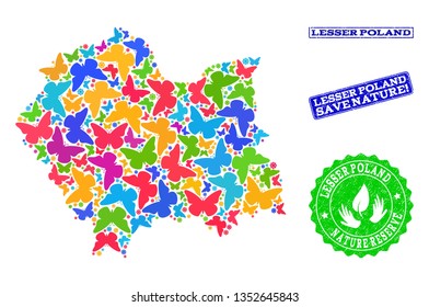 Ecological collage of bright mosaic map of Lesser Poland Province and grunge seal stamps with Nature Reserve caption. Mosaic map of Lesser Poland Province designed with bright colored butterflies.