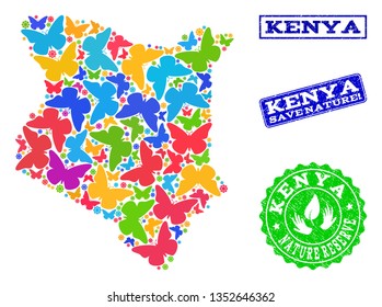 Ecological collage of bright mosaic map of Kenya and unclean seals with Nature Reserve text. Mosaic map of Kenya constructed with bright colored butterflies. Vector seals with unclean rubber texture.