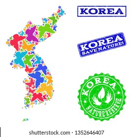 Ecological collage of bright mosaic map of Korea and scratched stamps with Save Nature caption. Mosaic map of Korea designed with bright colored butterflies.