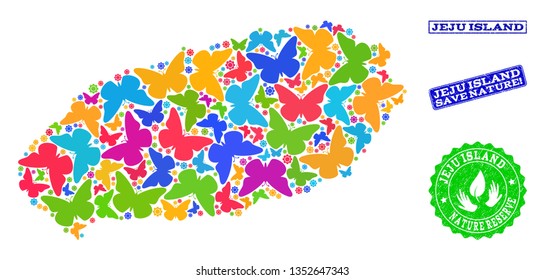 Ecological collage of bright mosaic map of Jeju Island and dirty stamps with Nature Reserve caption. Mosaic map of Jeju Island constructed with bright colored butterflies.