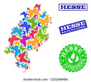 Ecological collage of bright mosaic map of Hesse State and scratched stamps with Save Nature text. Mosaic map of Hesse State constructed with bright colored butterflies.