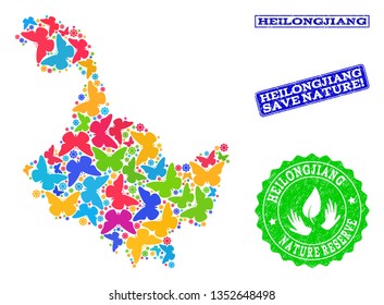 Ecological collage of bright mosaic map of Heilongjiang Province and unclean stamps with Nature Reserve caption. Mosaic map of Heilongjiang Province constructed with bright colored butterflies.