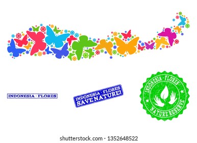 Ecological collage of bright mosaic map of Indonesia - Flores Island and rubber seals with Nature Reserve text. Mosaic map of Indonesia - Flores Island designed with bright colored butterflies.