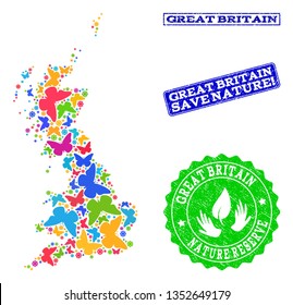 Ecological collage of bright mosaic map of Great Britain and rubber stamps with Nature Reserve text. Mosaic map of Great Britain constructed with colorful butterflies.