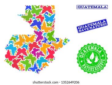 Ecological collage of bright mosaic map of Guatemala and rubber seal stamps with Nature Reserve text. Mosaic map of Guatemala constructed with bright colored butterflies.
