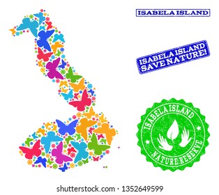 Ecological collage of bright mosaic map of Galapagos - Isabela Island and grunge stamps with Save Nature caption. Mosaic map of Galapagos - Isabela Island designed with bright colored butterflies.