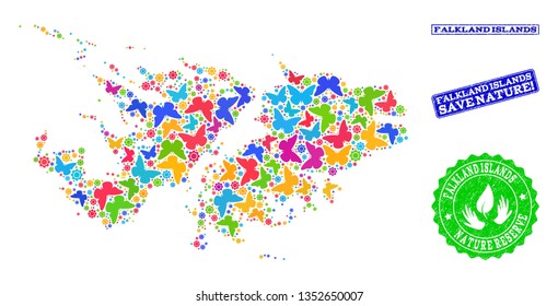 Ecological collage of bright mosaic map of Falkland Islands and unclean seals with Nature Reserve caption. Mosaic map of Falkland Islands constructed with bright colored butterflies.