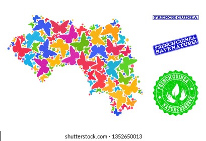 Ecological collage of bright mosaic map of French Guinea and rubber seals with Nature Reserve text. Mosaic map of French Guinea constructed with multi-colored butterflies.