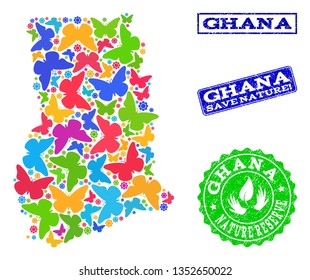 Ecological collage of bright mosaic map of Ghana and unclean seals with Nature Reserve caption. Mosaic map of Ghana designed with colorful butterflies. Vector watermarks with unclean rubber texture.