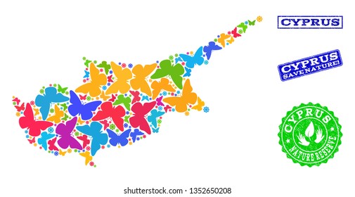 Ecological collage of bright mosaic map of Cyprus Island and scratched seals with Save Nature text. Mosaic map of Cyprus Island designed with multi-colored butterflies.