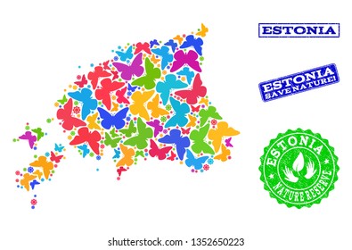 Ecological collage of bright mosaic map of Estonia and grunge seal stamps with Nature Reserve caption. Mosaic map of Estonia designed with multi-colored butterflies.