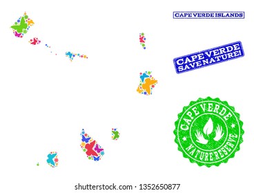 Ecological collage of bright mosaic map of Cape Verde Islands and rubber stamps with Nature Reserve text. Mosaic map of Cape Verde Islands constructed with bright colored butterflies.
