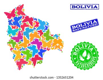 Ecological collage of bright mosaic map of Bolivia and dirty seals with Save Nature text. Mosaic map of Bolivia designed with bright colored butterflies. Vector seals with scratched rubber texture.