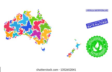 Ecological collage of bright mosaic map of Australia and New Zealand and rubber seals with Save Nature caption. Mosaic map of Australia and New Zealand constructed with colorful butterflies.