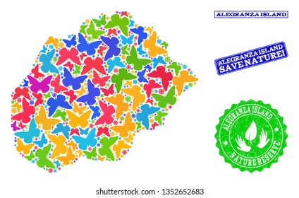 Ecological collage of bright mosaic map of Alegranza Island and rubber seals with Save Nature caption. Mosaic map of Alegranza Island designed with colorful butterflies.