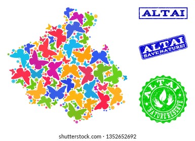 Ecological collage of bright mosaic map of Altai Republic and textured seal stamps with Nature Reserve text. Mosaic map of Altai Republic designed with bright colored butterflies.