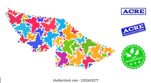 Ecological collage of bright mosaic map of Acre State and rubber seals with Nature Reserve caption. Mosaic map of Acre State constructed with bright colored butterflies.