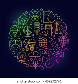 Ecological colorful concept. Round thin line ecology vector symbol on dark background. Save the planet bright illustration
