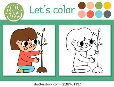 Ecological coloring page for children with girl planting tree. Vector eco awareness outline illustration. Color book for kids with colored example. Drawing skills printable worksheet
