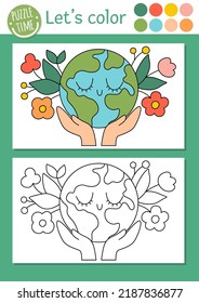 Página de coloreo ecológico para niños con planeta. Ilustración del contorno de conciencia ecológica de vectores con la Tierra linda. Libro de colores para niños con ejemplo de color. Hoja de cálculo de habilidades de dibujo imprimible
