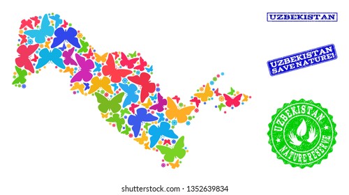 Ecological combination of bright mosaic map of Uzbekistan and grunge stamps with Save Nature caption. Mosaic map of Uzbekistan constructed with bright colored butterflies.