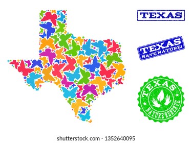 Ecological combination of bright mosaic map of Texas State and grunge seals with Save Nature caption. Mosaic map of Texas State constructed with bright colored butterflies.