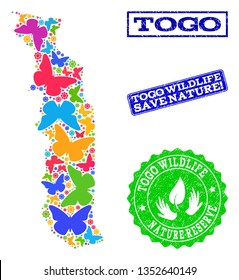 Ecological combination of bright mosaic map of Togo and unclean seals with Nature Reserve caption. Mosaic map of Togo designed with colorful butterflies. Vector seals with unclean rubber texture.