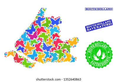 Ecological combination of bright mosaic map of South Holland and rubber seal stamps with Save Nature text. Mosaic map of South Holland constructed with bright colored butterflies.