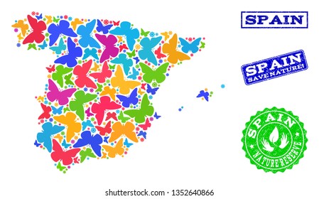 Ecological combination of bright mosaic map of Spain and unclean stamps with Save Nature text. Mosaic map of Spain designed with bright colored butterflies. Vector seals with unclean rubber texture.